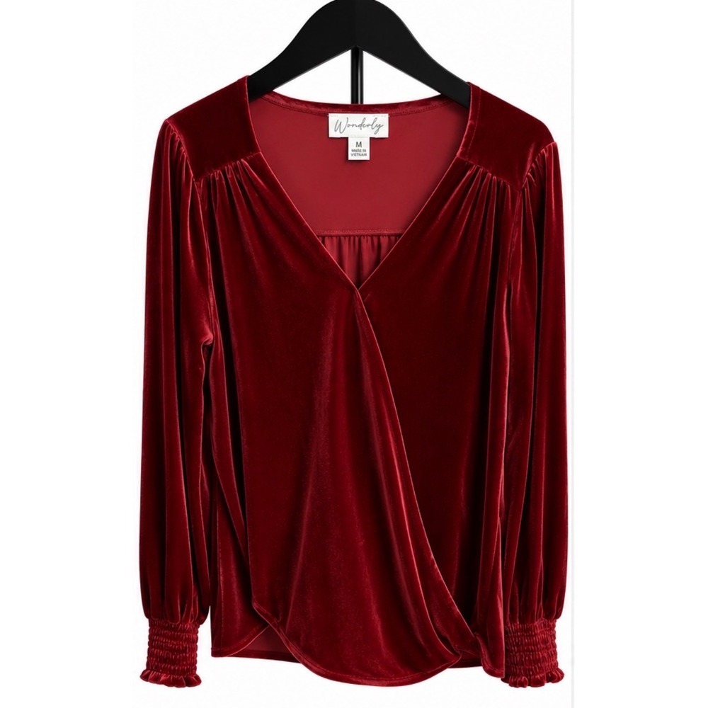 Wonderly Red Velvet Wrap Front Blouse Smocked Ruffle Cuff Top Medium